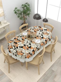 The Home Story - 6 Seater Oval Dining Table Cover Orange Cream Leaves