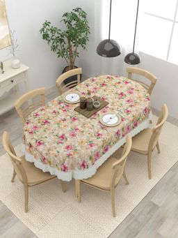The Home Story - 6 Seater Oval Dining Table Cover Pink Flowers On Beige