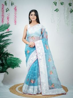Odette - Blue Organza Embroidered Saree with Unstitched Blouse