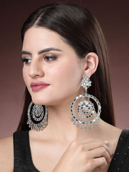 NVR - Women Silver-Plated Mirror Work Oxidised Contemporary Drop Earrings