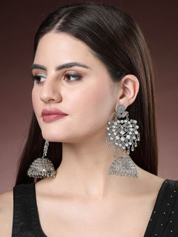 NVR - Women Silver-Plated Oxidised Artificial Stones Dome Shaped Jhumka Earrings