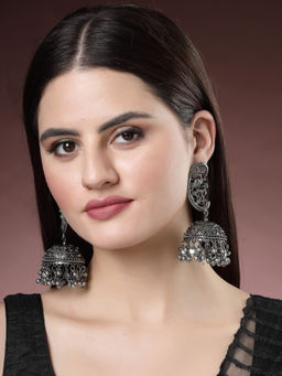 NVR - Women Silver-Plated Oxidised Dome Shaped Jhumka Earrings