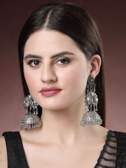 NVR - Women Silver Plated Mirror Work Oxidised Contemporary Jhumka Earrings