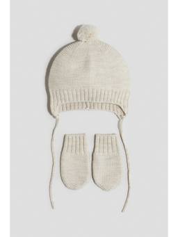 H&M - Kids Off White 2-Piece Merino Wool Beanie and Mittens