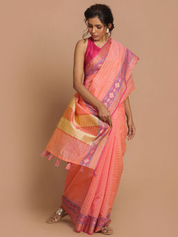 Indethnic - Banarasi Fuchsia Checked Daily Wear Saree With Unstitched Blouse