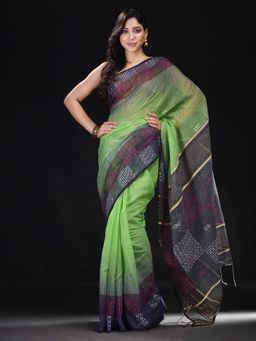 Beatitude - Green Blended Cotton Woven Saree with Unstitched Blouse