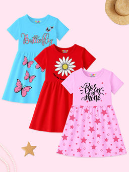 Kuchipoo - Girls Multi-Color Regular Fit Cotton Dress (Pack of 3)