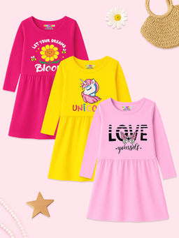 Kuchipoo - Girls Multi-Color Regular Fit Cotton Dress (Pack of 3)