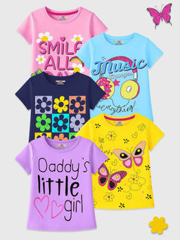 Kuchipoo - Girls Multi-Color Regular Fit Cotton T-Shirts (Pack of 5)