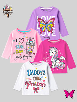 Kuchipoo - Girls Multi-Color Regular Fit Full Sleeves Cotton T-Shirts (Pack of 4)