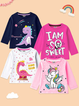 Kuchipoo - Girls Multi-Color Regular Fit Full Sleeves Cotton T-Shirts (Pack of 4)