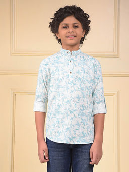 CRIMSOUNE CLUB - Boys Blue Floral Print 100% Cotton Kurta
