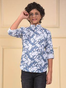 CRIMSOUNE CLUB - Boys Blue Floral Print Linen Kurta