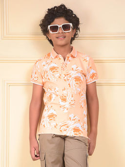 CRIMSOUNE CLUB - Boys Peach Floral Print Polo T-Shirt