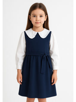 Bright Star Kids Wear - Girls Navy Blue Peter Pan Collar Full Sleeves Dress with Belt