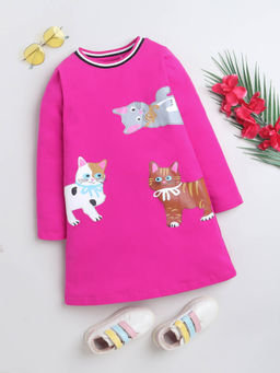 Bright Star Kids Wear - Girls Pink Cat Print Cotton Casual Dress