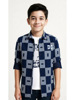 CAVIO - Boys Blue Regular Fit Spread Collar Full Sleeves Checks Shirt & T-Shirt