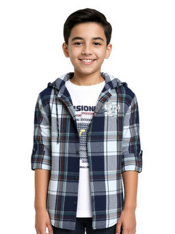 CAVIO - Boys Blue Regular Fit Hooded Collar Full Sleeves Checks Shirt & T-Shirt
