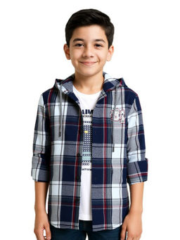 CAVIO - Boys Blue Regular Fit Hooded Collar Full Sleeves Checks Shirt & T-Shirt