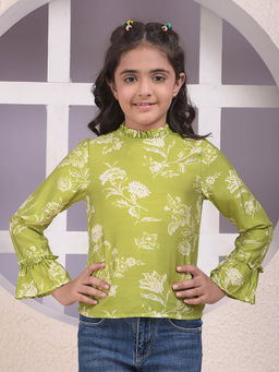CRIMSOUNE CLUB - Girls Green Floral Print High Neck Top