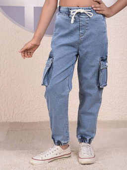 CRIMSOUNE CLUB - Girls Blue Denim Cargo Joggers Jeans