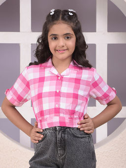 CRIMSOUNE CLUB - Girls Pink Checked Resort-Collar Cropped Shirt