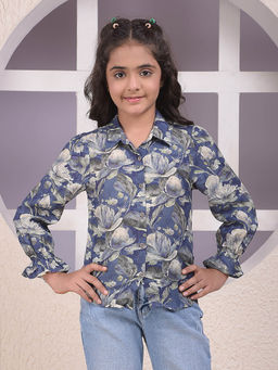 CRIMSOUNE CLUB - Girls Blue Floral Print Modal Shirt