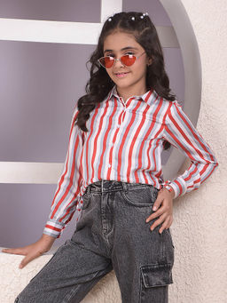CRIMSOUNE CLUB - Girls Red Vertical Stripes Modal Cropped Shirt