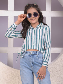 CRIMSOUNE CLUB - Girls Green Vertical Stripes Modal Cropped Shirt