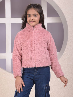 CRIMSOUNE CLUB - Girls Pink Embellished High Neck Fur Jacket