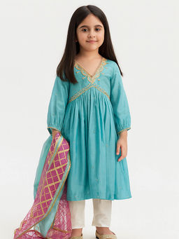 Tiny Pants - Aqua Kurta with Pant & Dupatta