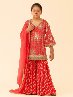 Tiny Pants - Kids Red Mirror Work Kurta & Sharara with Dupatta