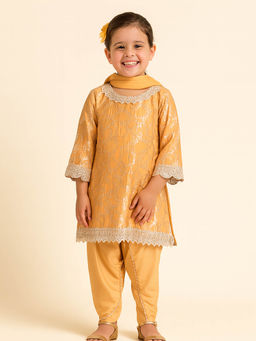 Tiny Pants - Girls Mustard Yellow Brocade Kurta with Pyjama & Dupatta