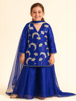 Tiny Pants - Kids Navy Blue Embroidered Kurta with Sharara & Dupatta