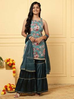 TeenTrums - Girls Traditional Blue Floral Kurta & Sharara with Dupatta