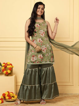 TeenTrums - Girls Traditional Green Floral Kurta & Sharara with Dupatta