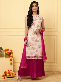 TeenTrums - Girls Off White Floral Printed Kurta & Palazzo with Dupatta