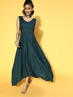 Yufta - Teal Green Solid Viscose Rayon Liva Maxi Dress