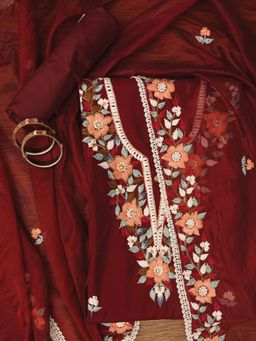 Jaipur Kurti - Unstitched Pure Silk Lucknowi Embroidered Dress Material with Dupatta (Set of 3)