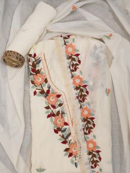 Jaipur Kurti - Unstitched Pure Silk Lucknowi Embroidered Dress Material with Dupatta (Set of 3)