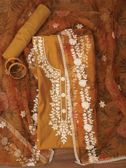 Jaipur Kurti - Unstitched Pure Silk Lucknowi Embroidered Dress Material with Dupatta (Set of 3)