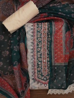 Jaipur Kurti - Unstitched Floral Printed Mulitcolor Organza Dress Material with Dupatta (Set of 3)