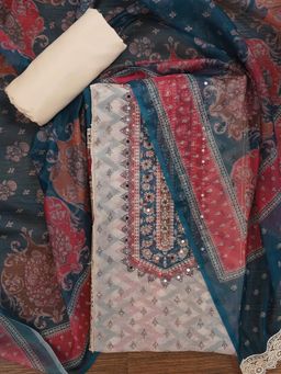 Jaipur Kurti - Unstitched Floral Printed Mulitcolor Organza Dress Material with Dupatta (Set of 3)