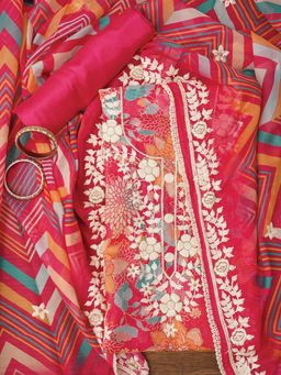 Jaipur Kurti - Unstitched Lucknowi Embroidered Organza Dress Material with Dupatta (Set of 3)