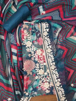 Jaipur Kurti - Unstitched Lucknowi Embroidered Organza Dress Material with Dupatta (Set of 3)