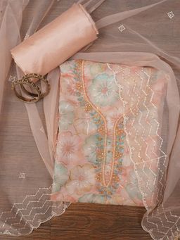 Jaipur Kurti - Unstitched Floral Sequin Organza Dress Material with Dupatta (Set of 3)