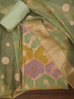 Jaipur Kurti - Unstitched Zari Woven Organza Dress Material with Dupatta (Set of 3)