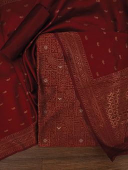 Jaipur Kurti - Unstitched Red Silk Zari Woven Dress Material with Dupatta (Set of 3)