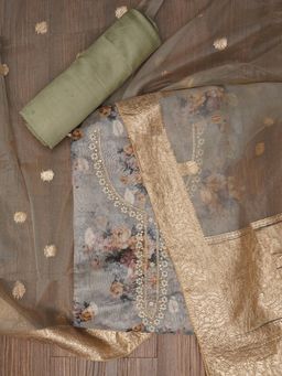 Jaipur Kurti - Unstitched Embellished Floral Printed Organza Dress Material with Dupatta (Set of 3)