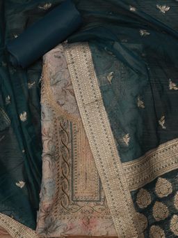 Jaipur Kurti - Unstitched Floral Printed Embellished Organza Dress Material with Dupatta (Set of 3)